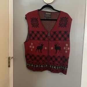 Woolrich Sweater Vest Womens Red Ramie Cotton Blend Reindeer Full Zip Winter XL